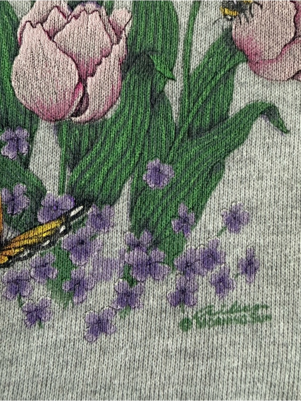 Vintage 90s Spring Flowers and Bees Heather Gray Cottage Sweatshirt ~ Size Large - Picture 6 of 7